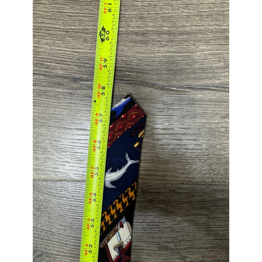 Nicole Miller 1994 Vintage Law Legal Theme Silk Necktie Navy Black Shark Gavel - Picture 7 of 7